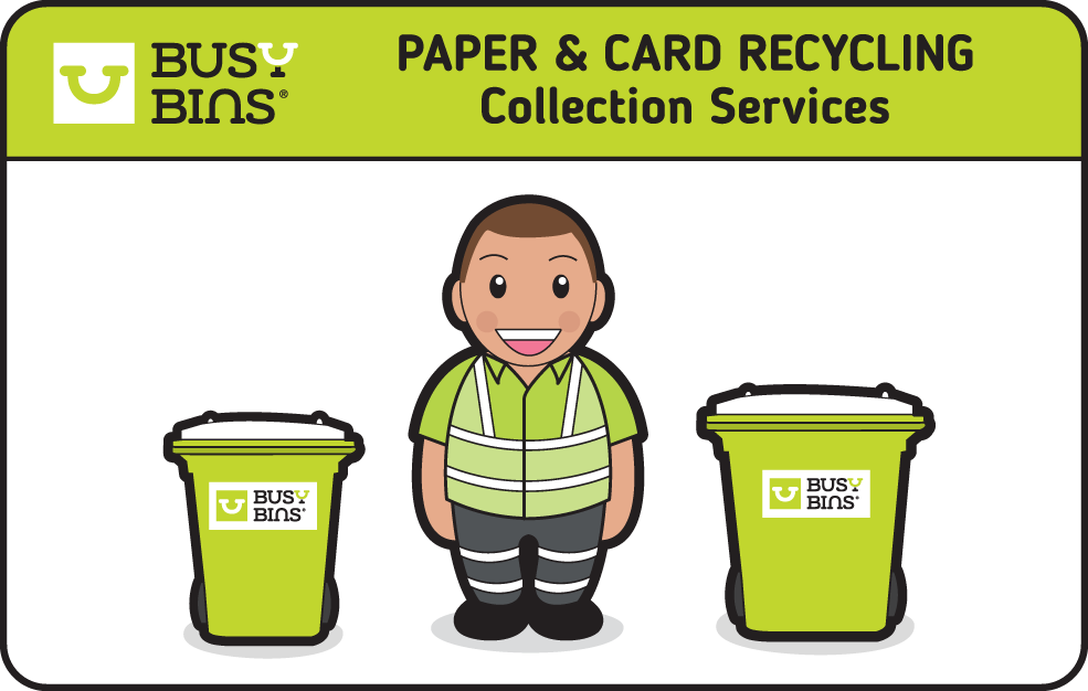 Busy Bins Cardboard and Paper Recycling Collection Services. Busy Bins Man Character with 140L White Lidded Bin and 240L White Lidded Bin either side.