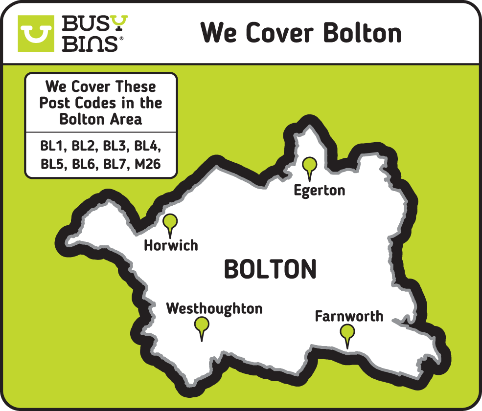 We cover Bolton map. White map on a green background of the Colton council operating area. We cover the postcodes BL1, BL2, BL3, BL4, BL5, BL6, BL7.