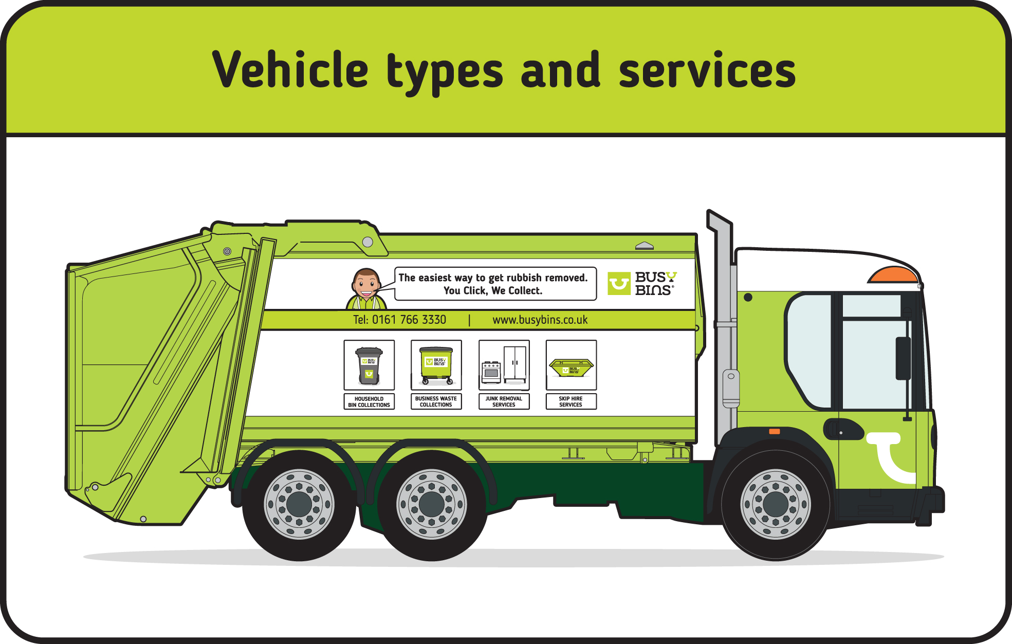 Vehicle types and services. Green Bin Wagon with Busy Bins Branding. 